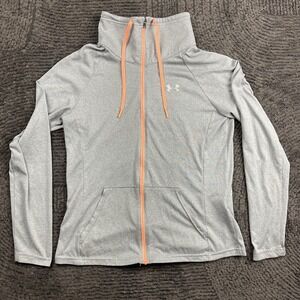 Under Armour Women's Medium HeatGear Full Zip Hoodie Gray Coral Trim Loose Fit